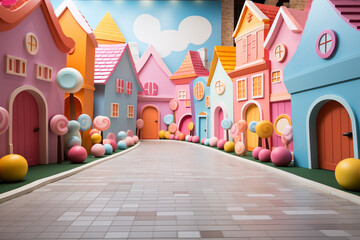 A small town made of candy and sweets. Backdrop for children's parties