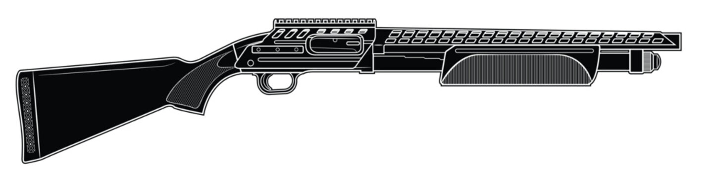 Vector illustration of the tactical pump-action shotgun with picattiny rails on a white background. Black. Right side.