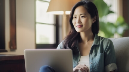 Naklejka premium Asian woman working at the home office using a laptop