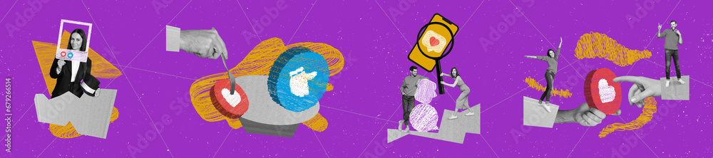 Poster Multiple panorama collage of blogger subscribe button fork eat like icon people searching way become famous isolated on magenta background
