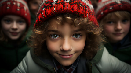 Obraz premium Children - kids - friends - selfie - extreme close-up - low angle shot - Christmas - holiday - festive - winter - black and white with color splash - monochrome - quirky - charming - eccentric 