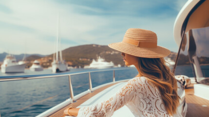 Beautiful young woman in hat and white dress relaxing on luxury yacht. Traveling and yachting concept.