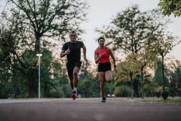 Obraz premium Athletic couple running in park with sports instructors.
