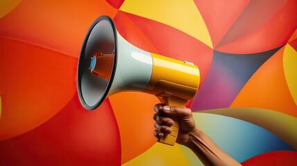 M&eacute;gaphone tenu dans une  main sur fond multicouleurs