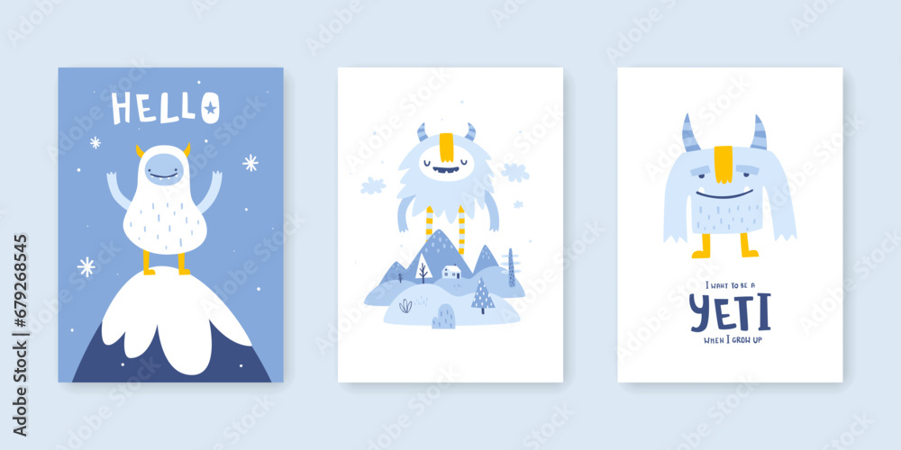 Wall mural scandinavian poster set with abstract funny yeti and hand written text. nordic prints collection wit