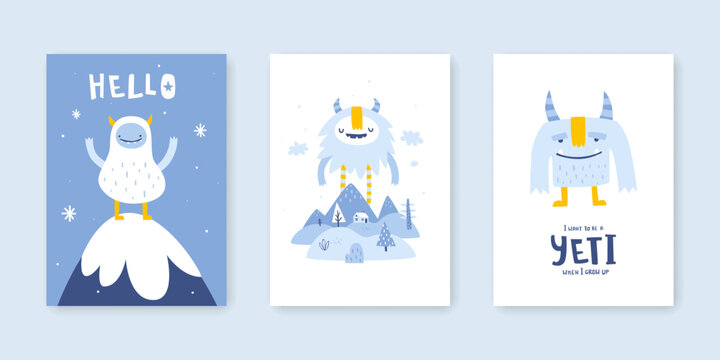Scandinavian poster set with abstract funny yeti and hand written text. Nordic prints collection with cute yeti.