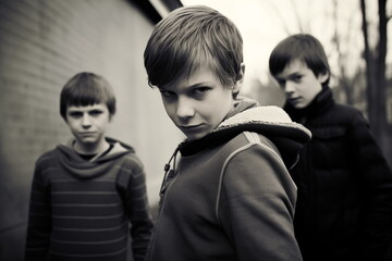 The leader of a group of teenagers at school looks at a newcomer. Black and white concept - obrazy, fototapety, plakaty