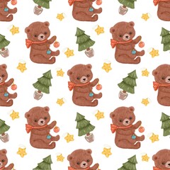 Иллюстрация без  Christmas teddy bear with tree. New Year. Seamless pattern. Cute animals pattern. Background. Greeting card, clothes, dishes, textile, fabric. Hand drawn illustration