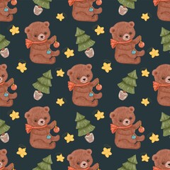 Christmas teddy bear with tree. New Year. Seamless pattern. Cute animals pattern. Background. Greeting card, clothes, dishes, textile, fabric. Hand drawn illustration 