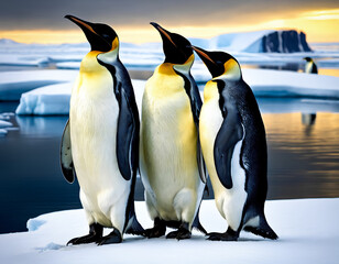 Obraz premium Portrait of three penguins on ice for nature and wildlife concept.