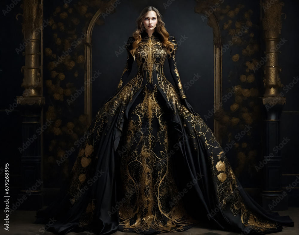 Wall mural fashion portrait of a woman in a luxurious long black gown adorned with golden flowers. perfect for 