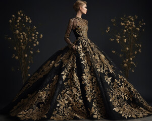 Fashion portrait of a woman in a luxurious long black gown adorned with golden flowers. Perfect for fashion concepts, elegance, luxury. - obrazy, fototapety, plakaty