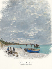 A famous painting by Claude Monet in a retro poster style