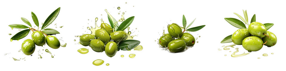 Green olives with leaves and oil splash Hyperrealistic Highly Detailed Isolated On Transparent Background Png File