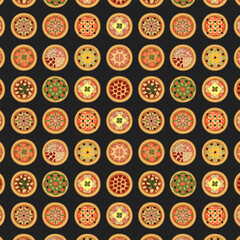 Seamless pattern with smooth round different pizzas on dark background