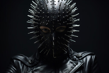 BDSM, fetish. Female submissive in a black leather mask with spikes and erotic latex clothing - obrazy, fototapety, plakaty