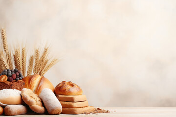 Various delicious pastries and breads placed on pastel background with copy space, Bakery with buns, loaves, rolls, and croissant.