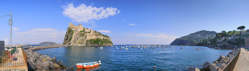 Iconic view of Ischia in Italy. Panoramic view from Ischia Ponte. - obrazy, fototapety, plakaty