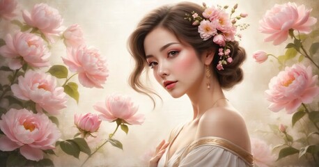 Floral Symphony A Woman Poses with Poise, Immersed in the Emotional Tapestry of Nature's Blossoming Beauty.