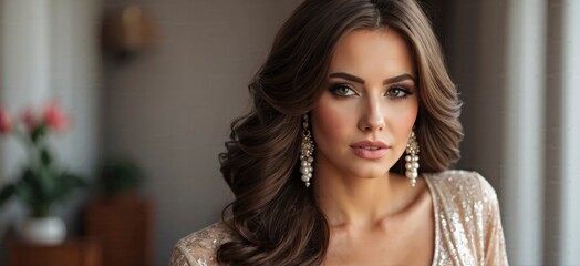 Fototapeta premium Portrait of a beautiful young brunette woman with makeup in fashion clothes