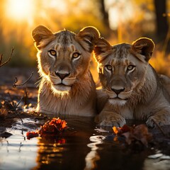 A shot of Lion couple at sunrise in Kruger National Park, South Africa Specie Panthera leo family of Felidae Generative AI