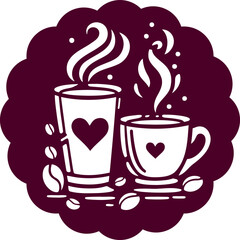Stencil-style vector artwork featuring coffee cups designed as a sticker with beans and a heart
