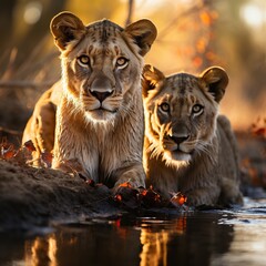 A shot of Lion couple at sunrise in Kruger National Park, South Africa Specie Panthera leo family of Felidae. Generative AI