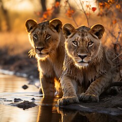 A shot of Lion cubs at sunset in Kruger National Park, South Africa Specie Panthera leo family of Felidae. Generative AI
