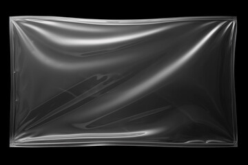 Transparent plastic wrap overlay on black background. Horizontal stretched polyethylene cover.