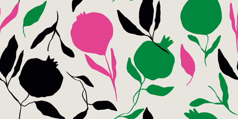 Seamless pattern of hand drawn pomegranate and leaves. Perfect for textile manufacturing wallpaper posters etc. Vector illustration
