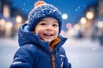 Joyful Little Kid Enjoying Snowfall. Generative AI