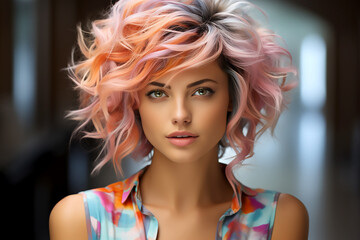 Portrait of a beautiful girl with orange and pink strands of hair