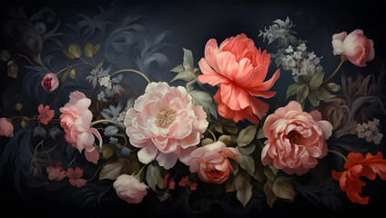 a large painting with flowers on black background ai generative