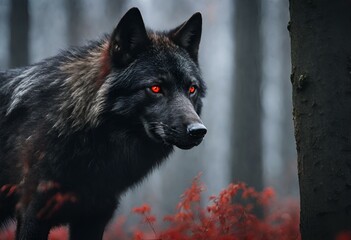 A black red eye wolf looking furious and ready to attack with winter and snowy background
