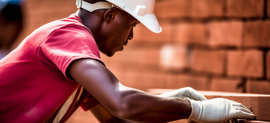 Construction worker. Mason bricklayer installing red brick  outdoors. Construction mason worker bricklayer making a brickwork - obrazy, fototapety, plakaty