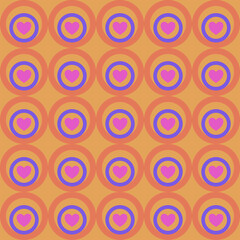 Seamless pattern with hearts and circles on orange background. Vector illustration.