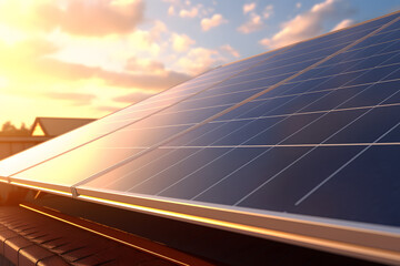 solar panels on the roof, renewable power plant, enviroment friendly power source, green energy from sun - obrazy, fototapety, plakaty