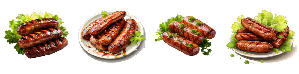 Grilled pork sausages with lettuce Hyperrealistic Highly Detailed Isolated On Transparent Background Png File