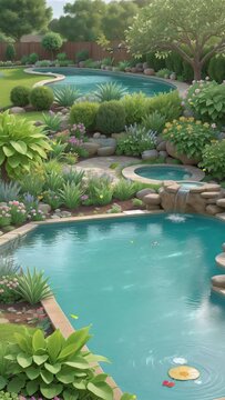 tropical garden with pool