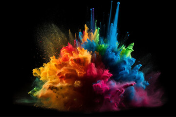 Colorful mixed rainbow powder explosion isolated on black background