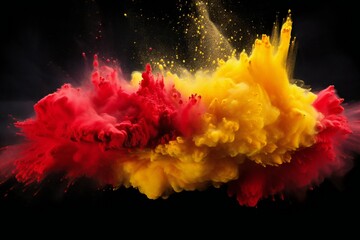Fototapeta na wymiar Red and yellow colored powder explosions on black background. Holi paint powder splash