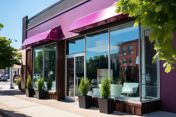 Modern beauty salon exterior with vibrant purple accents and large windows.