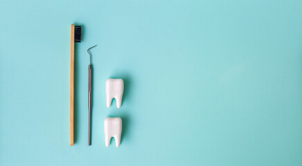 Dental model and dental equipment on blue background, concept image of dental background. Dental...