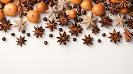 Festive pine branches, cones, and star anise symbols of New Year adorn an isolated background. - obrazy, fototapety, plakaty