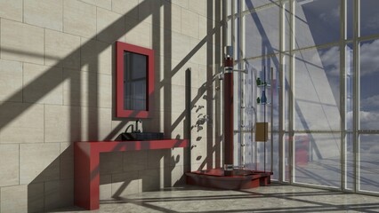 Modellazione 3D e rendering di un locale open space per bagno con ampie vetrate