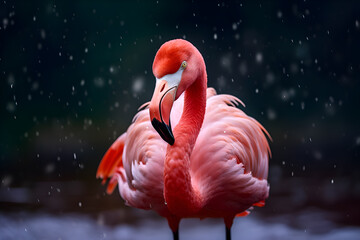 Vibrant Pink Flamingo in Gentle Snowfall. Wild birds in natural habitat. A Solitary Flamingo...