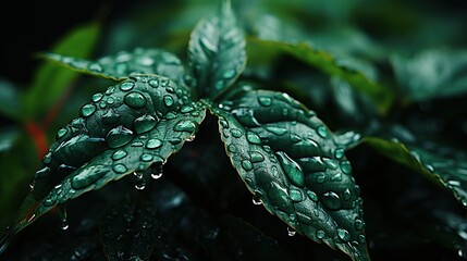 natural green leaves with raindrops after a thunderstorm in the tropical forest. Close-up of grass. - obrazy, fototapety, plakaty