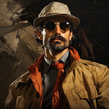 Portrait of a handsome man with a long beard and mustache in yellow suit and sunglasses. Generative AI