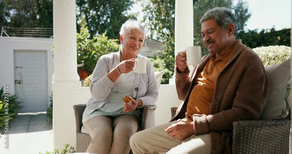 Sticker Senior couple, drinking coffee and talking in outdoors, retirement and love for bonding, marriage and trust. Laughing old mexican people, support and relax on porch with food and morning conversation