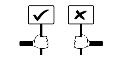 Cartoon hand and signboard vote. Accept or unaccepted vote. Don't or Dont Do's or don'ts. Unlike or dislike day hands. Compliments, oke or like hand thumb up or thumbs down. Yes or no feedback.